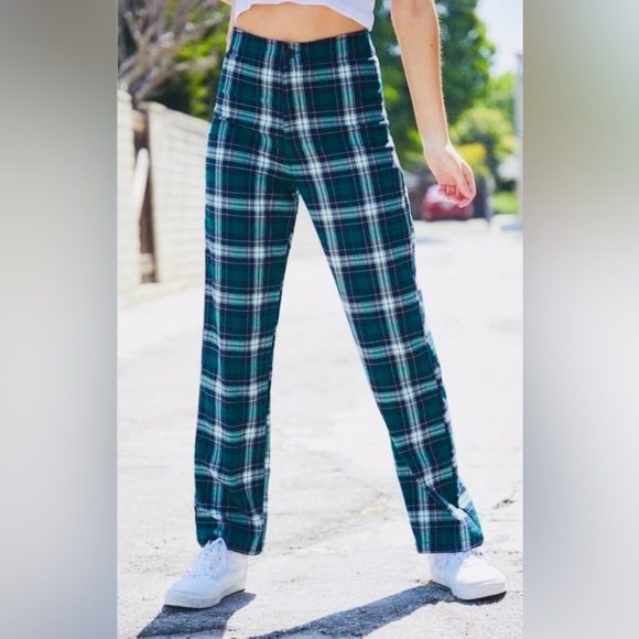 Women's Brandy Melville Green and Black Plaid High-Waist Pants Trousers Size S - Picture 1 of 8